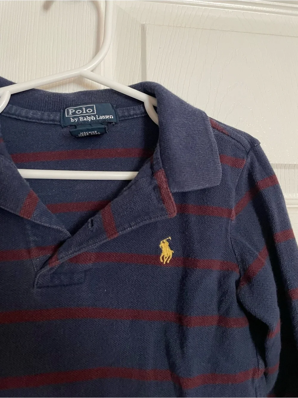 Polo by Ralph Lauren Navy & Burgundy Striped Long-Sleeve Polo with Yellow Logo